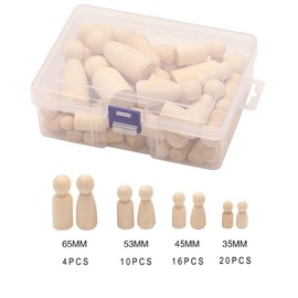 Wooden Peg Doll Bodies Set, 50 Pieces, 4 Sizes (35-65mm), Natural Unfinished Wood Figures with Storage Box for DIY Crafts
