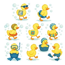 Cute Duck Wall Stickers for Bathroom – 9 Removable Waterproof Decals for Kids Bathtub and Nursery Decoration – Fun Yellow Ducklings with Bubbles and Accessories – 25cm Tall Each