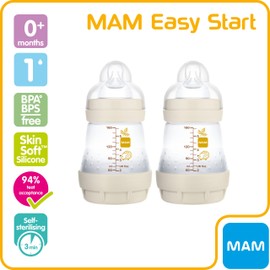 MAM Easy Start Self Sterilising Anti-Colic Baby Bottle 2 Pack (2 x160 ml) with Slow Flow MAM Teats Size 1, Newborn Essentials, Shell (Designs May Vary)