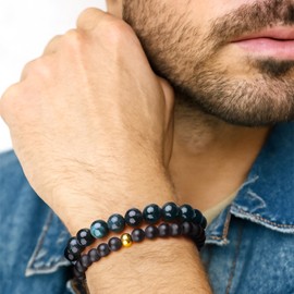 Green Beaded Bracelets for Men Boys: 6mm/8mm Green Malachite Black Onyx Beads Mens Bracelet Set Mens Jewelry - Cool Anniversary Valentines Fathers Birthday Gifts for Him Boyfriend Husband Man Son Dad