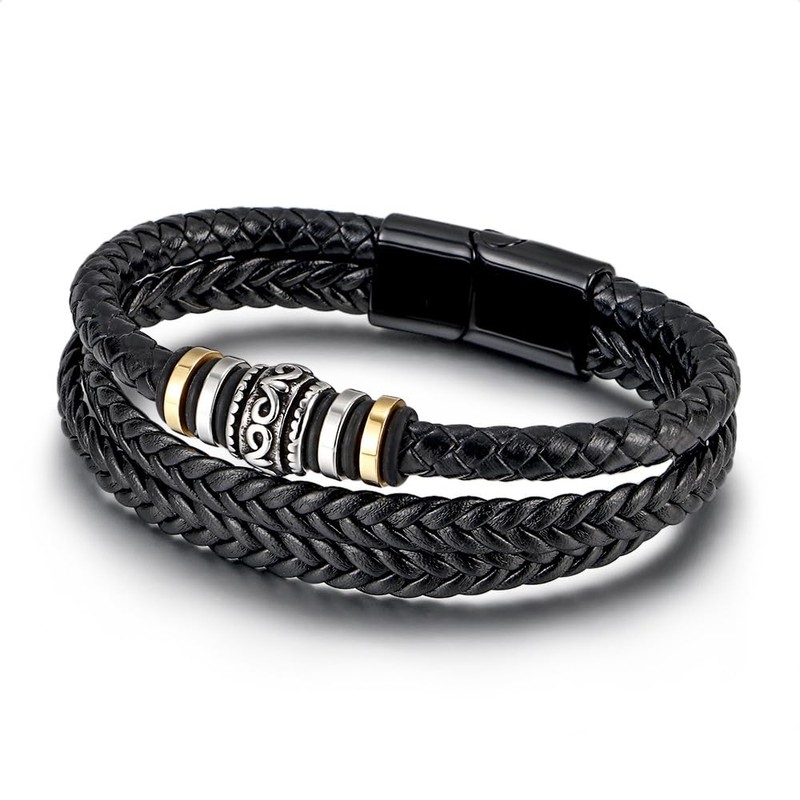 HEIX Mens Multilayer Braised Leather Bracelet Magnetic Stainless Steel Clasp