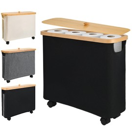 Toilet Paper Organizer with Wheel Bamboo Toilet Paper Storage with Lid and Handle 23L Toilet Paper Holder for Bathroom Free Standing Toilet Paper Basket for 9-12 Rolls Bathroom Accessories,