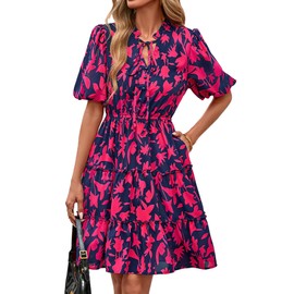 BTFBM Women Summer Floral Short Dresses V Neck Short Sleeve Tiered Ruffle Boho Swing Dress A-Line Mini Dresses(Floral Navy Rose Red,Medium)