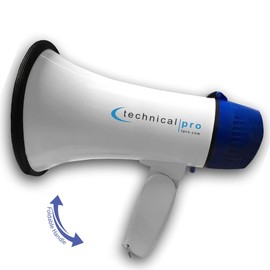 Technical Pro 20 Watts Lightweight Portable 300M Range White and Blue Megaphone Bullhorn with Strap, Siren, and Volume Control, Good for Trainers, Soccer, Football, Baseball, Coaches