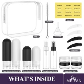 ME.FAN 18 Pack Travel Bottles for Toiletries, TSA Approved Silicone Portable Size Bottle, Refillable Cosmetic Container Kits for Conditioner, Shampoo, Lotion,Face Cream - Black/White