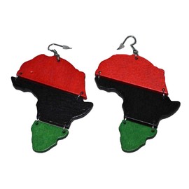 Tiger Smile Women's Red Black and Green Pan-african Flag Map Dangling Hoop Wooden Earrings with Silvertone 4" Long
