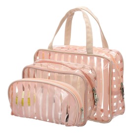 PATIKIL 3 Pcs Clear Makeup Cosmetic Bag, Transparent PVC Travel Toiletry Bag Waterproof Vinyl Organizer Makeup Pouch with Zipper and Handle Strap for Women Airline, Light Brown