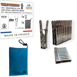 Wild PinUps: 20 Unbreakable Stainless Steel Pincinox Clothes Pegs with Clothes Peg Bag and Carabiner. For Laundry Room, Clothes Line, Clothes Line. Robust and Durable Clothes Pegs Made in France