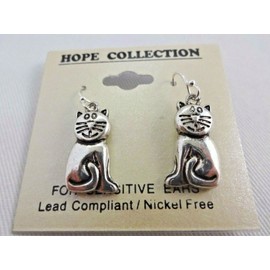 Hope Collection Cat Lover's Earrings Dangle Silver Base Metal Nickel Free For Sensitive Ears