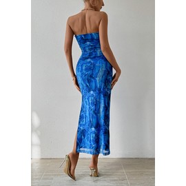 PRETTYGARDEN Women's Summer Maxi Bodycon Dresses Strapless Tube Top Printed Long Party Club Slit Dress (Print Brilliant Blue,XX-Large)