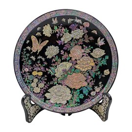 February Mountain Handcrafted Mother-of-Pearl Inlay Decorative Lacquer Plate - Floral and Butterfly Design with Stand