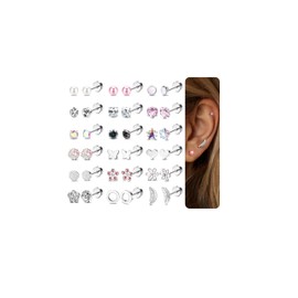 Finrezio 18 Pairs Hypoallergenic Surgical Steel Flat Back Earrings for Women Girls Silver Stud Earrings for Women Pink Heart Star Helix Earring Sleeper Tragus Cartilage Earrings Set