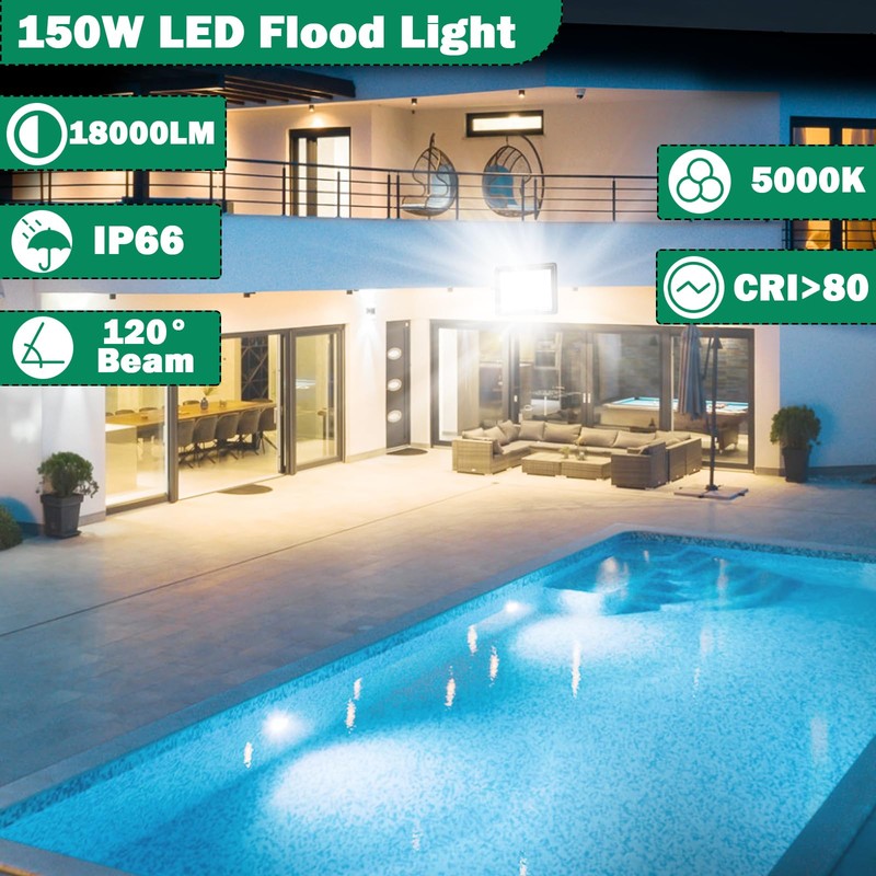 150W LED Flood Light,18000LM Floodlight with Plug,IP66 Waterproof Outdoor Lights,