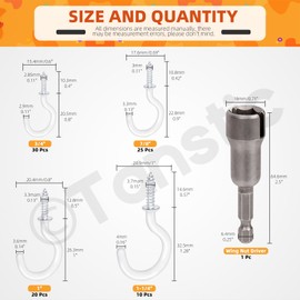 Tanstic 85Pcs 4 Sizes White Screw in Wall Hooks, Vinyl Coated Cup Hook Ceiling Hooks Screw in Hooks with Wing Nut Driver for Indoors Outdoors