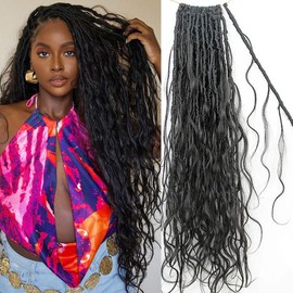 walnut hair Pre-looped Crochet Boho Faux Locs With Human Hair Curls Body Wave Human Hair Goddess Faux Locs Crochet Hair Curly Ends for Black Women Natural Color 18inch 72 Locs