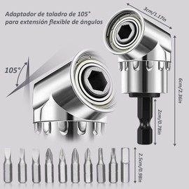 Adaptador para Taladro en Ángulo Recto 105°, Incluye 10 accesorios para taladro, Cubo de Tornillo para Esquinas, Compatible con Taladros y Destornilladores (Plateado)