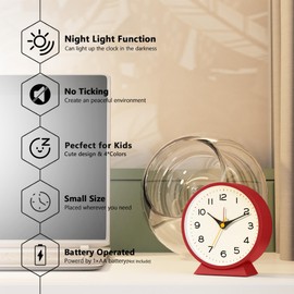 AYRELY® 4.5" Analog Alarm Clock,Small Retro Desk Clock Battery Operated,Slient Metal Table Clock with Light for Living Room Decor,Bedroom,Bedside,Shelf (red)