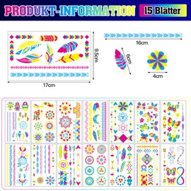 SPOKKI 15 Sheets Festival Tattoos, Waterproof Temporary Tattoos, UV Painting Tattoo Stickers for Women Men Body Art, Glitter Tattoos Stickers, Neon Party Festival Accessories, Must Haves