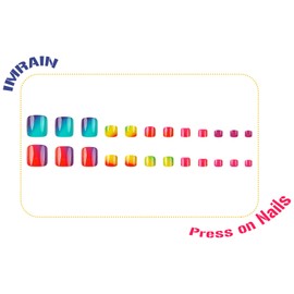 IMRAIN Colorful Ombre Press on Toenails Short Square Fake Toe Nails Summer Toe Nail Supplies Full Cover Acrylic False Toe Nails Cute Rainbow Designs Nail Art 24Pcs Glossy Glue on Nails