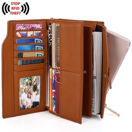 UTO Women's RFID Blocking Large Capacity PU Leather Clutch Wallet 21 Card Slots Holder with Wristlet Brown CA