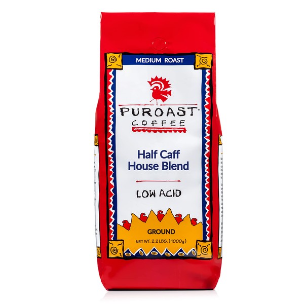 Puroast Low Acid Coffee Ground Bold Half Caff House Blend, Medium Roast, Certified Low Acid Coffee, 5.5+ pH, Gut Health, 2.2 LB, Higher Antioxidant, Smooth for Espresso, Iced Coffee