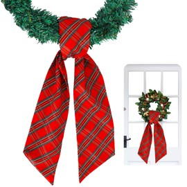 TONIFUL Wreath Sash for Front Door 4.5" x 56" Red and Green Check Plaid Cotton Wreath Sash for Embroidery Garland Doorway Indoor Outdoor Wall Yard Ribbon Bow Christmas Party Home Decor