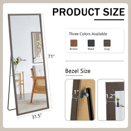 Udorich Full-Length Dressing Mirror with Solid Wood Frame, High Definition Glass, Floor Standing or Wall Mounted, Gray, 71" x 31.5"