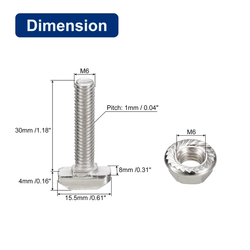 QUARKZMAN M6 x 30 mm T-Nut and M6 Hex Flange