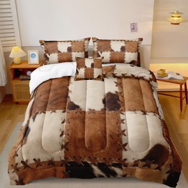 MOVE OVER Western Cowboy Comforter Set King Size Brown Cowhide Comforter Set 4 Pieces Animal Fur Bedding Set Soft Microfiber Cow Printed Bedding Sets for All Season