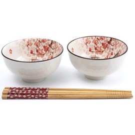 lachineuse - Set of 2 Japanese Cherry Blossom Bowls ⌀ 11 cm - Rice Bowls, Poke Bowl, Breakfast & Soup - 2 Pairs of Chopsticks - Asian Bowl Japan Asia - Gift Japanese Tableware