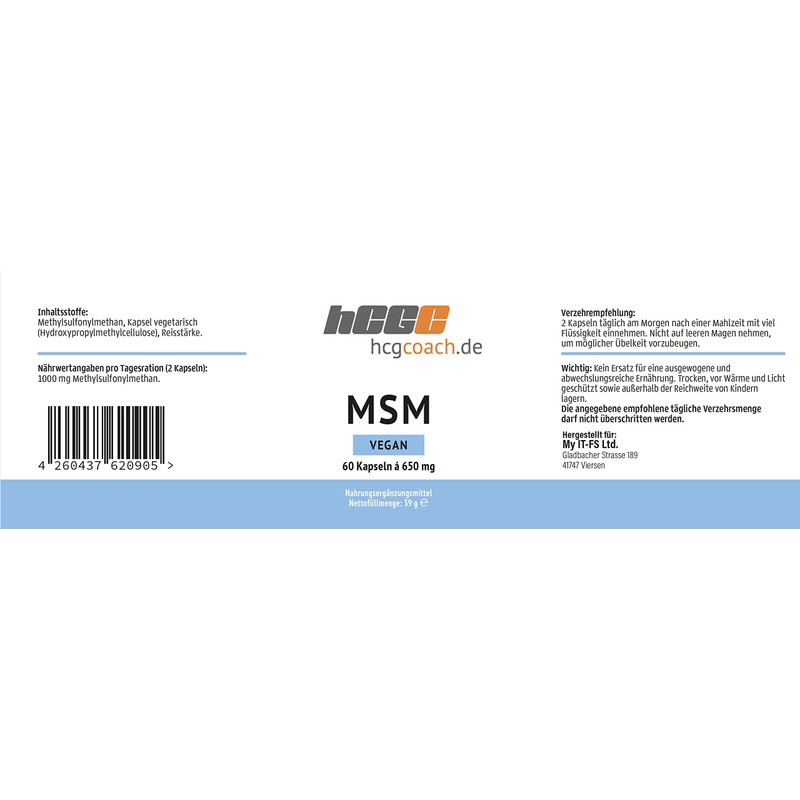 hCGC® MSM Capsules, 60 Pieces of 645 mg, Ideal for
