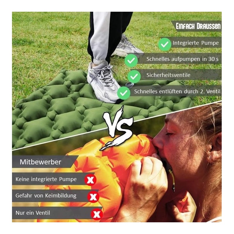 Einfach Draussen Inflatable Ultralight Sleeping Mat with Integrated Cushion, Inflatable