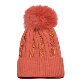 ArkXani Women's Fleece Lined Knitted Beanie Hat with Faux Fur Pompom, Zigzag Pattern (Burnt Orange)