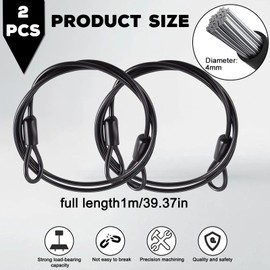 Pack of 2 Steel Cable with Eyelets, Cable Lock, Steel Cable Coated, Steel Cable with Plastic Coated, Long Steel Cable 6 mm for Bicycle Cable Lock