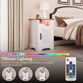 RoyalCraft Farmhouse Nightstand Set of 2, White Night Stand with LED Lights and Charging Station, Bedside Table Set of 2 with Storage and Door, Wood End Table for Bedroom, Home Office, Antique White