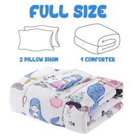 Yibeizi Mermaid Comforter Set for Girls Full Size, Kids Cute Ocean Patterned Bedding Set with Pillow Sham, Lightweight Soft Breathable Machine Washable Quilt Bed Comforter Set 3 Piece