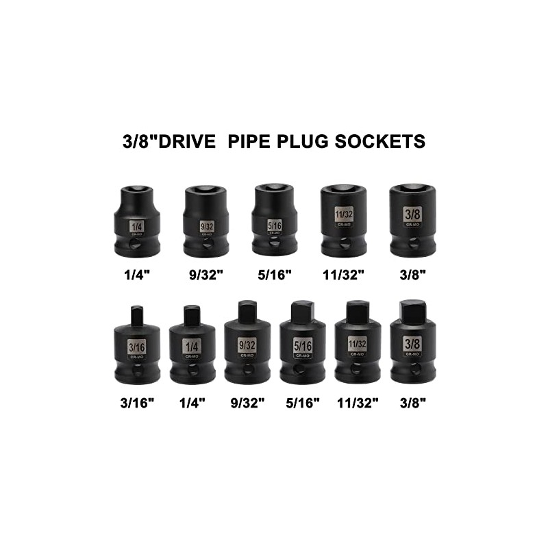 11PCS 3/8" Drive SAE Pipe Plug Socket Set, Tapered Male