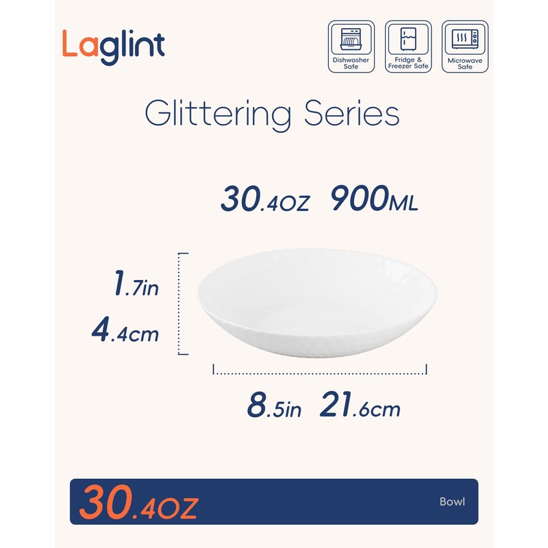 LaGlint 30 OZ Opal Glass Pasta Bowls Set of 6,