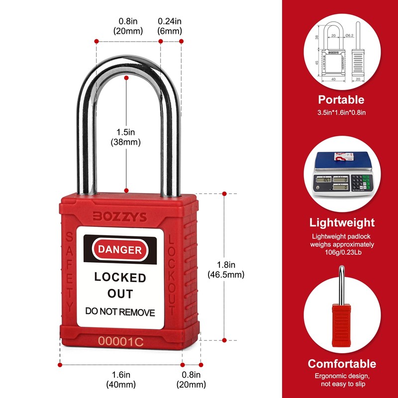 BOZZYS Lockout Tagout Locks,6Pack Red Loto Locks,2 Keys Per Safety