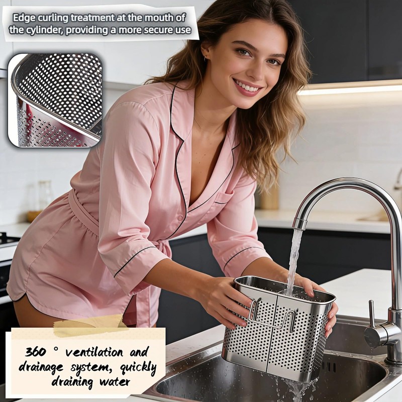 SAYUANVA Stainless Steel Kitchen Utensil Holder with Hooks, 2-Tier Stainless