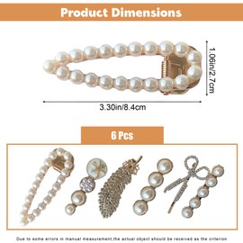 JazSwirl Pearl Hair Clips for Women, 2 to 2.36 Inch (5 to 6 cm) Pearl Clip for Hair, Gold Alloy with Rhinestones, 6-Piece Set with Multiple Styles Hair Clips
