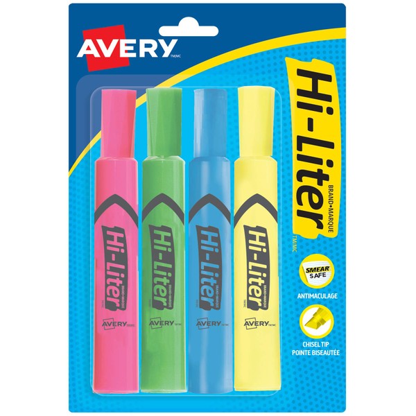 Avery Hi-Liter Desk-Style Highlighters, Chisel Tip, Non-Toxic, Fluorescent Assorted Colours