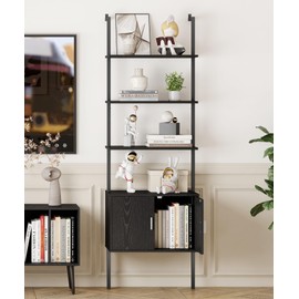 Yusong 73" Tall Bookshelf with Cabinet, Industrial Ladder Wall Mount Shelf Bookcase with Wood and Metal Frame, Plant Shelf Wall Storage Display for Living Room Bedroom, Black Wood Grain