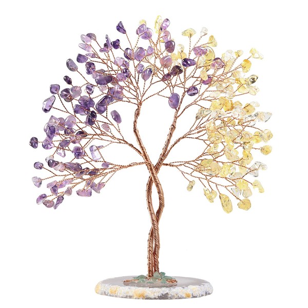 rockcloud Handmade Crystal Money Tree with Agate Slice Base Tree of Life Feng Shui Bonsai Home Decor for Love Luck and Wealth, Amethyst & Citrine