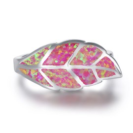 GW Fashion 925 Sterling Silver White/Blue/Red Opal Ring Inlay Rings Band Ring for Women (Red Leaf, 7)