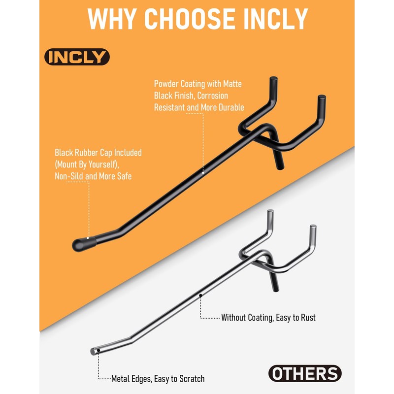 INCLY 120 Pack Black Pegboard Hooks, 4/6/8 Inch Peg Board