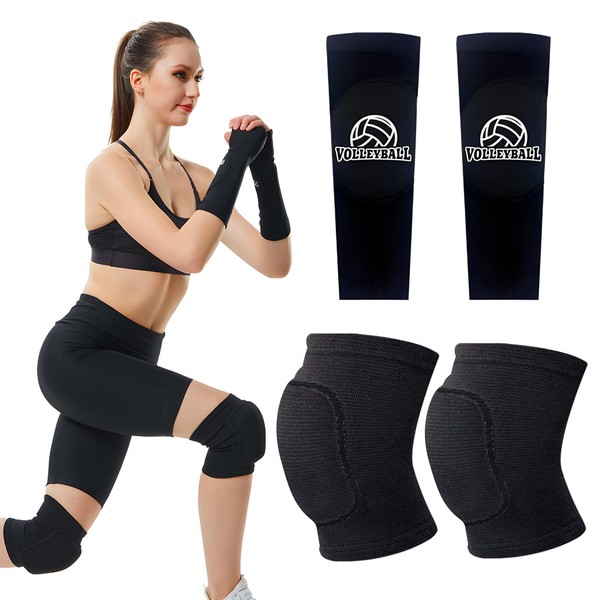 Volleyball Protection, 1 Pair Volleyball Arm Warmers + 1 Pair Volleyball Knee Pads, Sports Forearm Sleeves, Wrist Support with Protective Pad and Thumb Hole, Sponge Collision Knee Protection Knee Pads