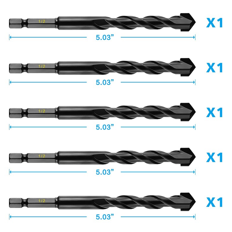 5-Piece 1/2” Masonry Drill Bits for Concrete Tiles Stone, 1/2