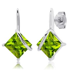 925 Sterling Silver Princess Cut Green Peridot Square Drop Dangle Earrings for Women 7mm August Birthstone with Push Backs by MAX + STONE