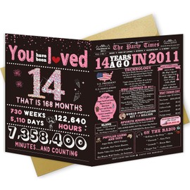 ICOOLYI 14th Birthday Card Gifts for Girls, Daughter, Niece, Granddaughter, 14th Birthday Decorations for Girls, Large Birthday Card for 14 Year Old, Funny Back in 2011 Birthday Card, Rose Pink Gold